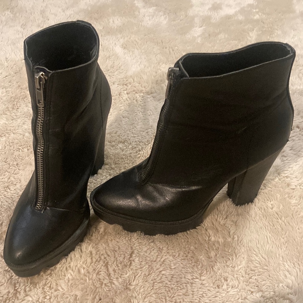 Edgy Black Vegan leather lug sole ankle boots with front zipper